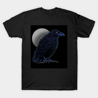 Crow design in blue and light green colors with full moon T-Shirt